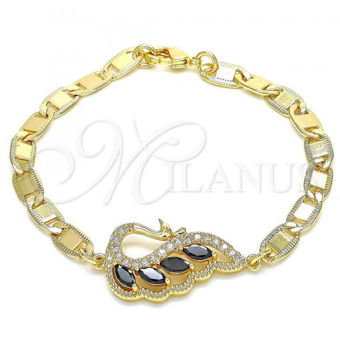 Oro Laminado Fancy Bracelet, Gold Filled Style Peacock Design, with Black and White Cubic Zirconia, Polished, Golden Finish, 03.63.2125.1.07