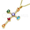 Oro Laminado Pendant Necklace, Gold Filled Style Cross and Teardrop Design, with Multicolor Cubic Zirconia, Polished, Golden Finish, 04.210.0032.18