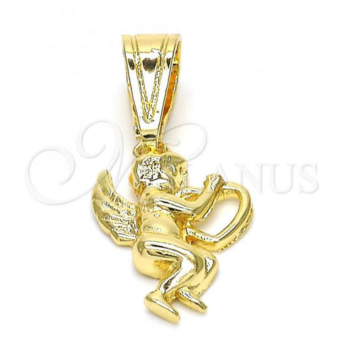 Oro Laminado Religious Pendant, Gold Filled Style Angel and Heart Design, Polished, Golden Finish, 05.120.0079