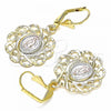 Oro Laminado Dangle Earring, Gold Filled Style Flower and Guadalupe Design, Polished, Tricolor, 02.351.0034