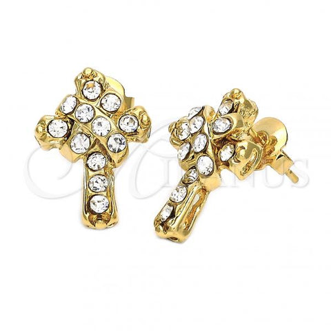 Oro Laminado Stud Earring, Gold Filled Style Cross Design, with White Crystal, Polished, Golden Finish, 5.127.011 *PROMO*