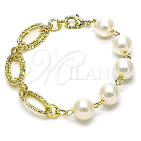 Oro Laminado Fancy Bracelet, Gold Filled Style Chunky Design, with Ivory Pearl, Diamond Cutting Finish, Golden Finish, 03.331.0273.08