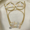 Oro Laminado Necklace, Bracelet and Earring, Gold Filled Style Polished, Tricolor, 06.63.0247.1