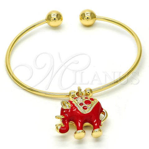 Oro Laminado Individual Bangle, Gold Filled Style Elephant Design, with White Crystal, Red Enamel Finish, Golden Finish, 07.179.0002.1 (02 MM Thickness, One size fits all)