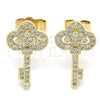 Oro Laminado Stud Earring, Gold Filled Style key Design, with White Micro Pave, Polished, Golden Finish, 02.344.0062