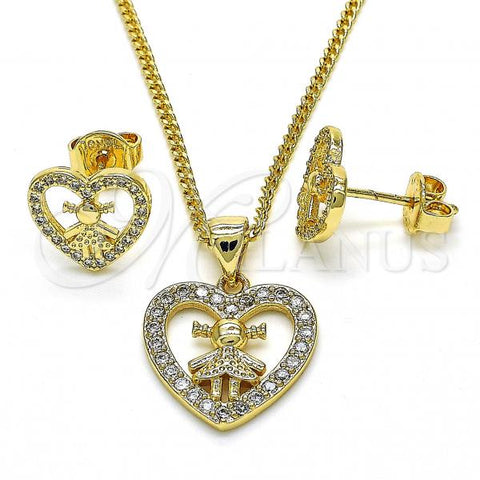 Oro Laminado Earring and Pendant Adult Set, Gold Filled Style Heart and Little Girl Design, with White Micro Pave, Polished, Golden Finish, 10.156.0218