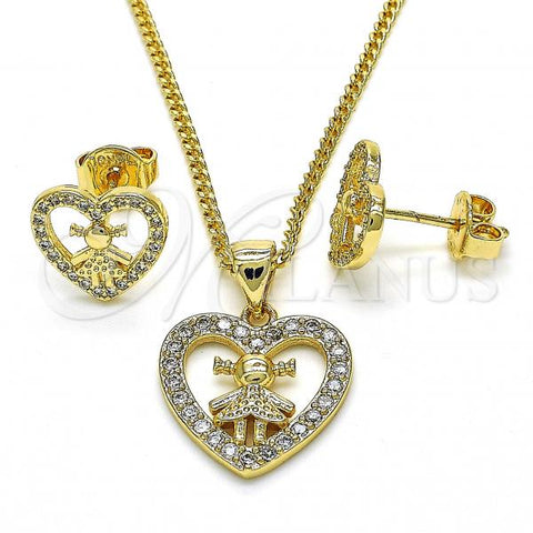 Oro Laminado Earring and Pendant Adult Set, Gold Filled Style Heart and Little Girl Design, with White Micro Pave, Polished, Golden Finish, 10.156.0218