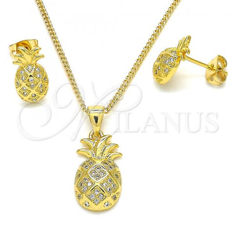 Oro Laminado Earring and Pendant Adult Set, Gold Filled Style Pineapple Design, with White Micro Pave, Polished, Golden Finish, 10.342.0002