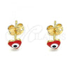 Oro Laminado Stud Earring, Gold Filled Style Evil Eye and Heart Design, Red Enamel Finish, Golden Finish, 02.213.0187.1 *PROMO*
