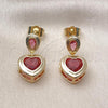 Oro Laminado Dangle Earring, Gold Filled Style Heart and Teardrop Design, with Ruby Cubic Zirconia, Polished, Golden Finish, 02.196.0236.1
