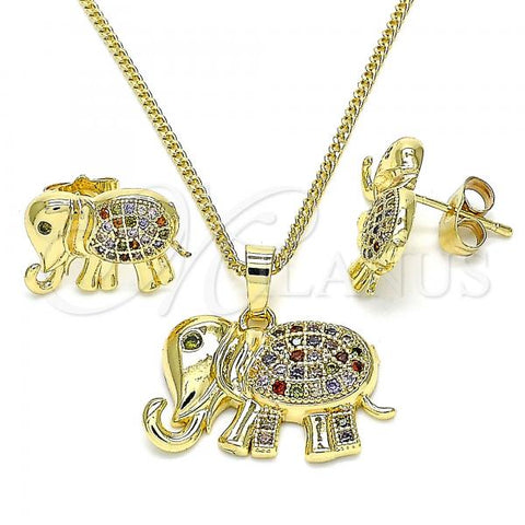 Oro Laminado Earring and Pendant Adult Set, Gold Filled Style Elephant Design, with Multicolor Micro Pave, Polished, Golden Finish, 10.284.0016