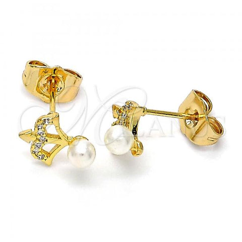 Oro Laminado Stud Earring, Gold Filled Style with White Micro Pave and Ivory Pearl, Polished, Golden Finish, 02.310.0084