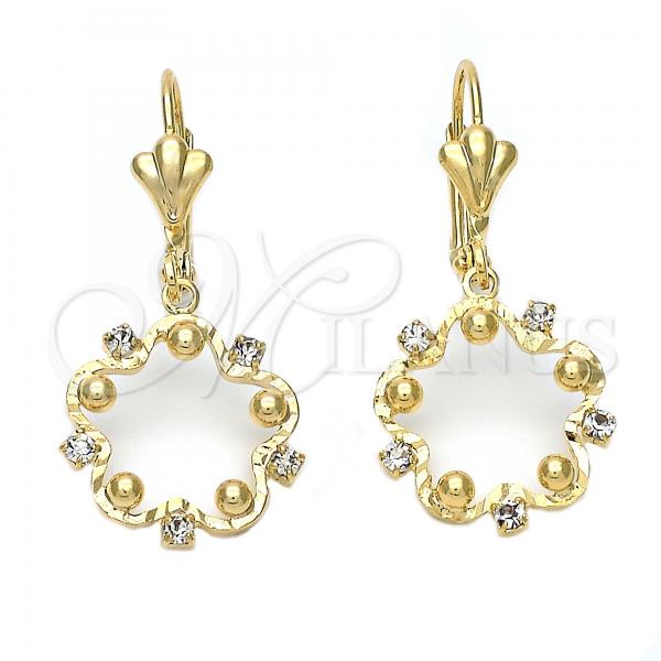Oro Laminado Dangle Earring, Gold Filled Style Flower Design, with White Cubic Zirconia, Diamond Cutting Finish, Golden Finish, 95.019