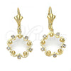 Oro Laminado Dangle Earring, Gold Filled Style Flower Design, with White Cubic Zirconia, Diamond Cutting Finish, Golden Finish, 95.019