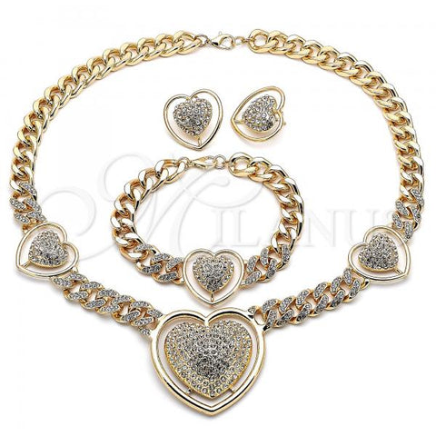 Oro Laminado Necklace, Bracelet and Earring, Gold Filled Style Heart and Miami Cuban Design, with White Crystal, Polished, Golden Finish, 06.372.0031