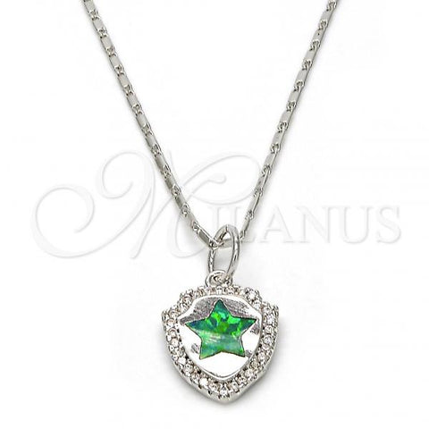 Rhodium Plated Pendant Necklace, Star Design, with Green Opal and White Micro Pave, Polished, Rhodium Finish, 04.63.1325.7.18