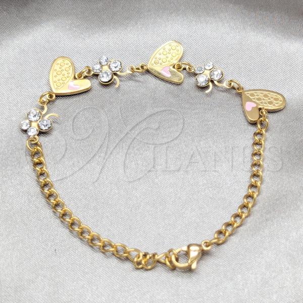 Stainless Steel Fancy Bracelet, Heart and Butterfly Design, with White Crystal, Polished, Golden Finish, 03.63.22113.08