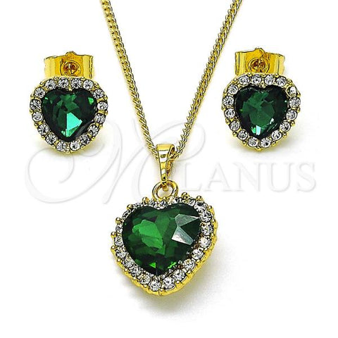 Oro Laminado Earring and Pendant Adult Set, Gold Filled Style Heart and Cluster Design, with Green and White Crystal, Polished, Golden Finish, 10.379.0086.2