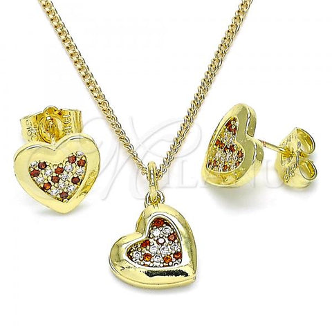 Oro Laminado Earring and Pendant Adult Set, Gold Filled Style Heart Design, with Garnet and White Micro Pave, Polished, Golden Finish, 10.199.0155.1
