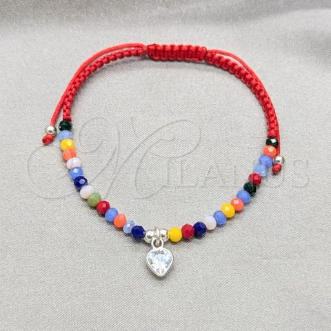 Sterling Silver Adjustable Bolo Bracelet, Ball and Heart Design, with Multicolor Crystal and White Cubic Zirconia, Polished, Silver Finish, 03.426.0032.1.07