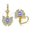Oro Laminado Dangle Earring, Gold Filled Style Evil Eye and Butterfly Design, with White Crystal, Blue Enamel Finish, Golden Finish, 02.380.0086