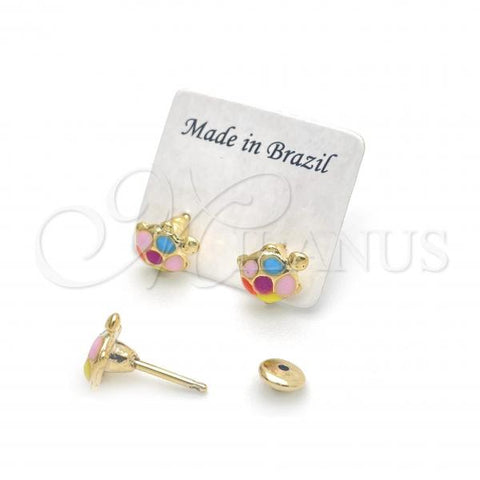 Oro Laminado Stud Earring, Gold Filled Style Turtle Design, Multicolor Enamel Finish, Golden Finish, 02.02.0508