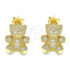 Oro Laminado Stud Earring, Gold Filled Style Teddy Bear Design, with White Micro Pave, Polished, Golden Finish, 02.156.0432