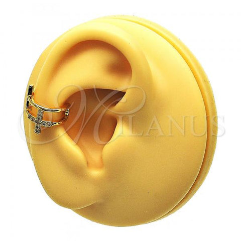Oro Laminado Earcuff Earring, Gold Filled Style Cross Design, with White Micro Pave, Polished, Golden Finish, 02.210.0676