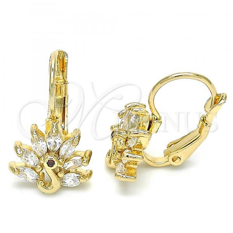 Oro Laminado Leverback Earring, Gold Filled Style Peacock Design, with White and Garnet Cubic Zirconia, Polished, Golden Finish, 02.210.0229