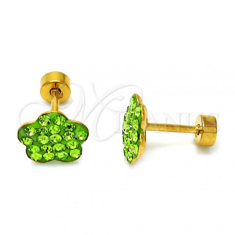 Stainless Steel Stud Earring, Flower Design, with Light Green Crystal, Polished, Golden Finish, 02.271.0020.4
