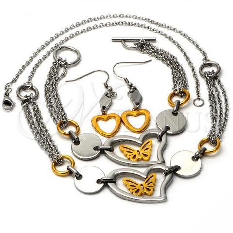 Stainless Steel Necklace, Bracelet and Earring, Butterfly and Heart Design, Polished, Two Tone, 06.231.0026