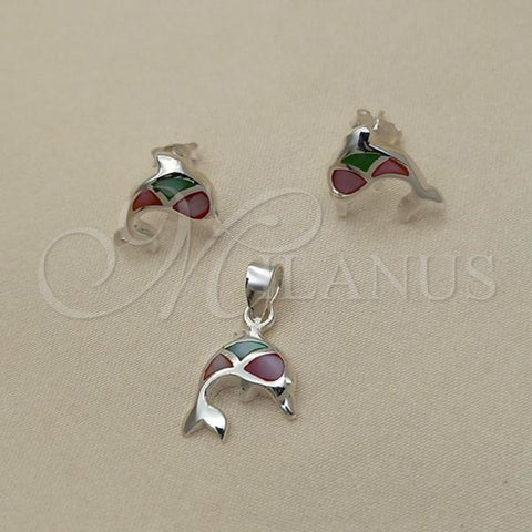 Sterling Silver Earring and Pendant Adult Set, Dolphin Design, with Multicolor Mother of Pearl, Polished, Silver Finish, 10.399.0006