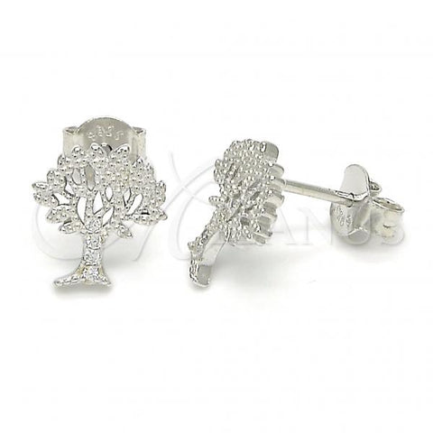 Sterling Silver Stud Earring, Tree Design, with White Micro Pave, Polished, Rhodium Finish, 02.336.0051