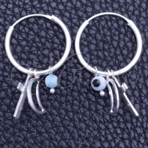 Sterling Silver Small Hoop, Evil Eye and Cross Design, with Aqua Blue Crystal, Polished, Silver Finish, 02.402.0004.15