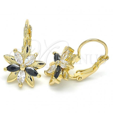 Oro Laminado Leverback Earring, Gold Filled Style Flower Design, with Black and White Cubic Zirconia, Polished, Golden Finish, 02.210.0228.3