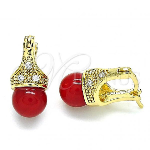 Oro Laminado Small Hoop, Gold Filled Style with Garnet Pearl and White Cubic Zirconia, Polished, Golden Finish, 02.210.0500.1.10