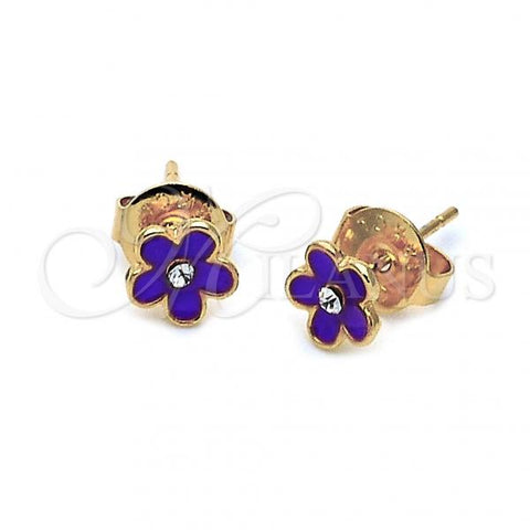 Oro Laminado Stud Earring, Gold Filled Style Flower Design, with White Crystal, Enamel Finish, Golden Finish, 02.64.0336 *PROMO*