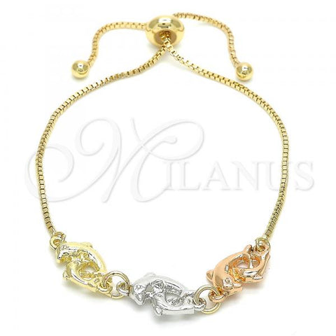 Oro Laminado Adjustable Bolo Bracelet, Gold Filled Style Dolphin Design, Polished, Tricolor, 03.63.1884.1.12
