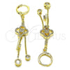 Oro Laminado Long Earring, Gold Filled Style key and Box Design, with White Micro Pave, Polished, Golden Finish, 02.316.0088