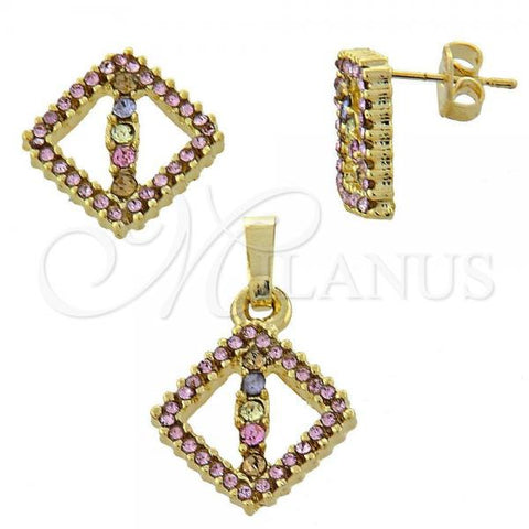 Oro Laminado Earring and Pendant Adult Set, Gold Filled Style with Multicolor Crystal, Polished, Golden Finish, 10.164.0011.1