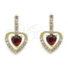 Oro Laminado Dangle Earring, Gold Filled Style Heart Design, with Garnet Cubic Zirconia and Multicolor Micro Pave, Polished, Golden Finish, 02.65.2660.1