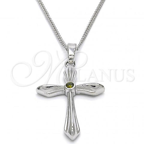 Oro Laminado Pendant Necklace, Gold Filled Style Cross Design, with Dark Peridot Cubic Zirconia, Polished, Rhodium Finish, 04.94.0013.18
