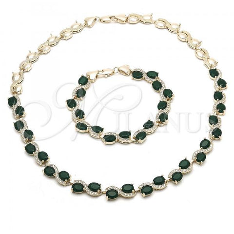 Oro Laminado Necklace and Bracelet, Gold Filled Style Heart Design, with Green and White Cubic Zirconia, Polished, Golden Finish, 06.284.0010.1