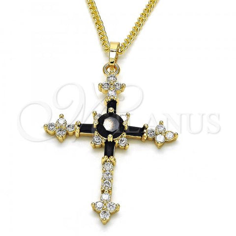 Oro Laminado Pendant Necklace, Gold Filled Style Cross Design, with Black and White Cubic Zirconia, Polished, Golden Finish, 04.284.0011.2.22