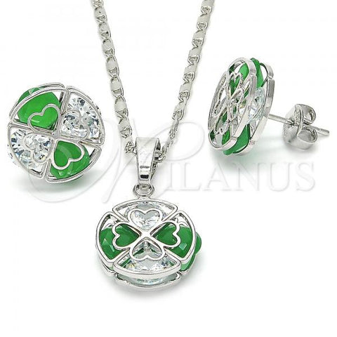 Rhodium Plated Earring and Pendant Adult Set, with Green and White Cubic Zirconia, Polished, Rhodium Finish, 10.106.0002.3