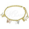 Oro Laminado Charm Bracelet, Gold Filled Style Butterfly Design, Diamond Cutting Finish, Tricolor, 03.351.0101.07