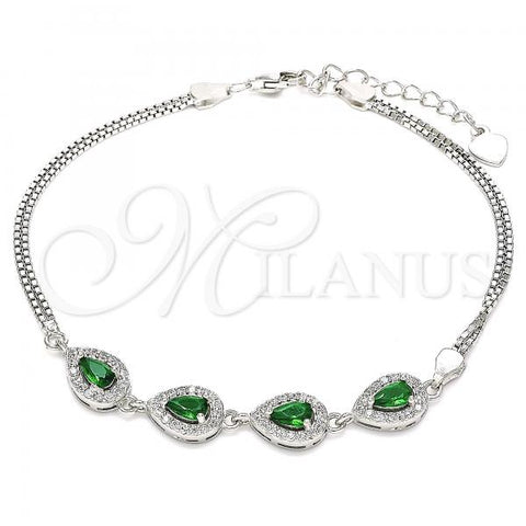 Sterling Silver Fancy Bracelet, Teardrop Design, with Green and White Cubic Zirconia, Polished, Rhodium Finish, 03.286.0015.3.07