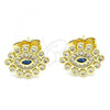 Oro Laminado Stud Earring, Gold Filled Style Evil Eye Design, with Sapphire Blue and White Micro Pave, Polished, Golden Finish, 02.156.0553