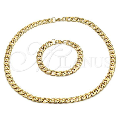 Stainless Steel Necklace and Bracelet, Pave Cuban Design, Diamond Cutting Finish, Golden Finish, 06.116.0024.1