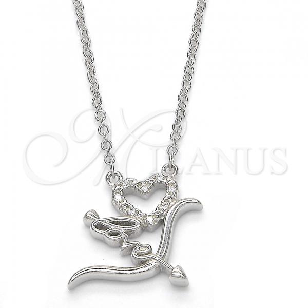 Sterling Silver Pendant Necklace, Heart and Love Design, with White Cubic Zirconia, Polished, Rhodium Finish, 04.336.0008.16